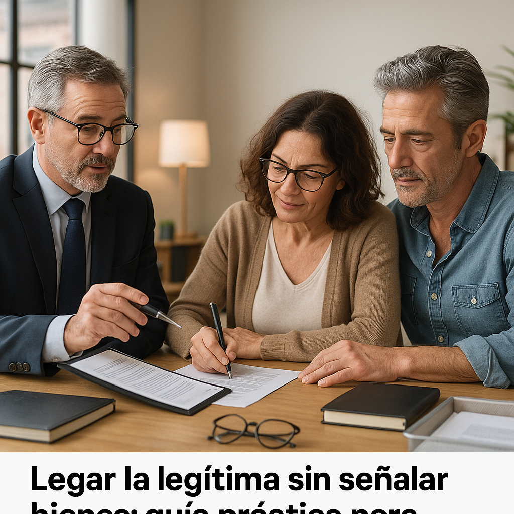Abogado explicando cómo legar la legítima sin señalar bienes en un testamento en notaría