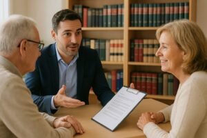 Abogado de herencias asesorando a una pareja mayor sobre un documento en un despacho con libros jurídicos.