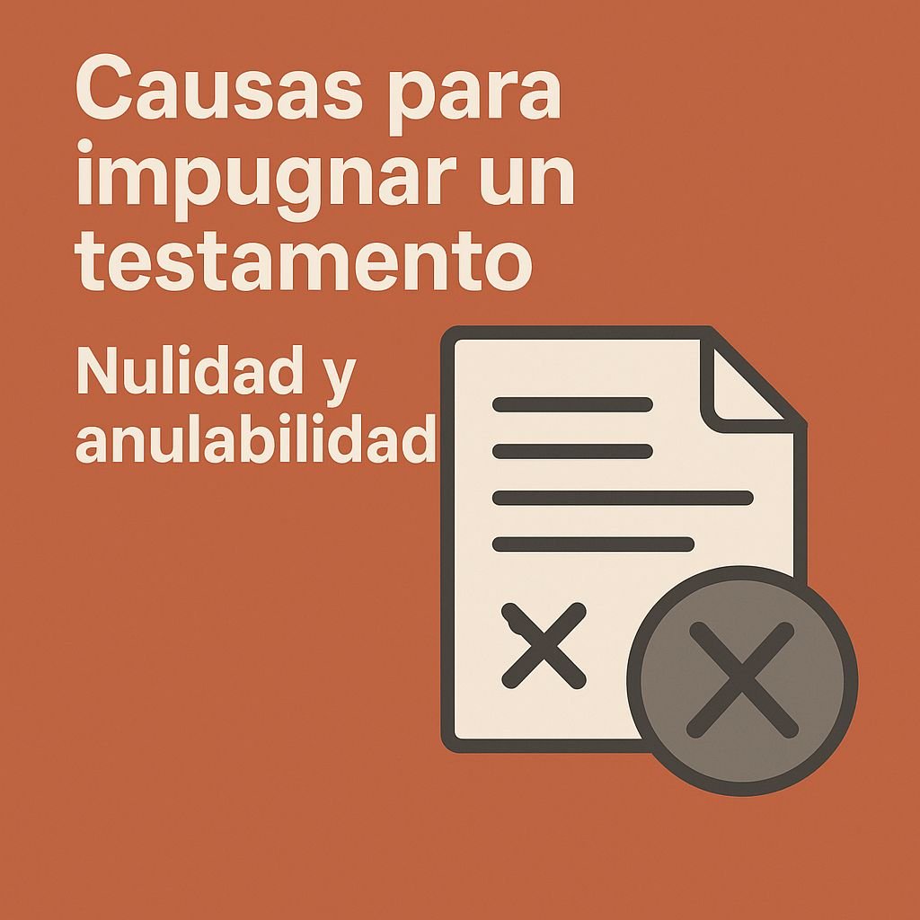 Imagen informativa sobre las causas para impugnar un testamento, destacando la nulidad y la anulabilidad con iconos de documento invalidado.