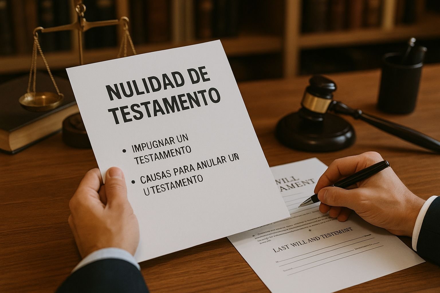 Abogado revisando un documento titulado “Nulidad de testamento” junto a un testamento sobre la mesa, con mazo judicial y balanza de justicia en un despacho jurídico.