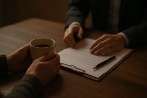 Manos de un cliente sosteniendo una taza mientras un abogado revisa documentos sobre una mesa, transmitiendo apoyo en un momento difícil.