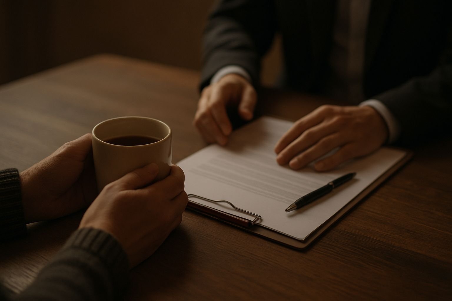 Manos de un cliente sosteniendo una taza mientras un abogado revisa documentos sobre una mesa, transmitiendo apoyo en un momento difícil.