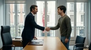 Abogado experto en herencias en Madrid cerrando un trámite exitoso con un cliente sobrino heredero