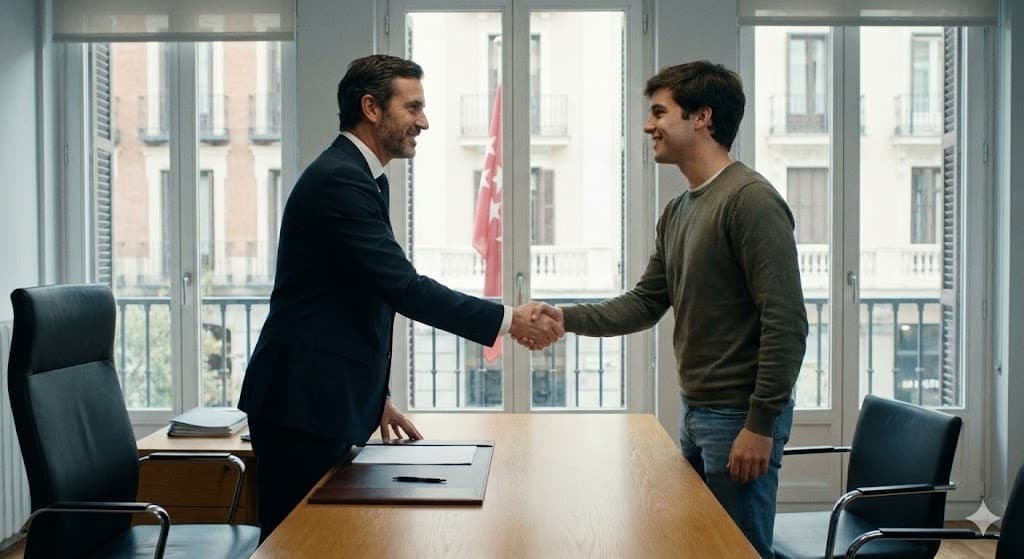 Abogado experto en herencias en Madrid cerrando un trámite exitoso con un cliente sobrino heredero