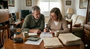 Herederos calculando la plusvalía municipal de la vivienda habitual con escrituras y calculadora en casa