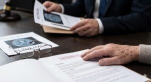 Informe médico neurológico y testamento sobre la mesa para juicio de impugnación por incapacidad.