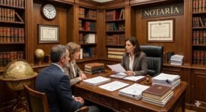 Abogada explicando cuánto cuesta hacer testamento ante notario en 2026 a una pareja de clientes en su despacho.