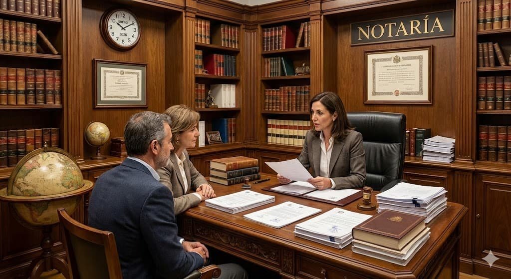 Abogada explicando cuánto cuesta hacer testamento ante notario en 2026 a una pareja de clientes en su despacho.