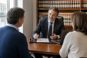 Notario explicando el contenido de un testamento a una pareja antes de su firma.