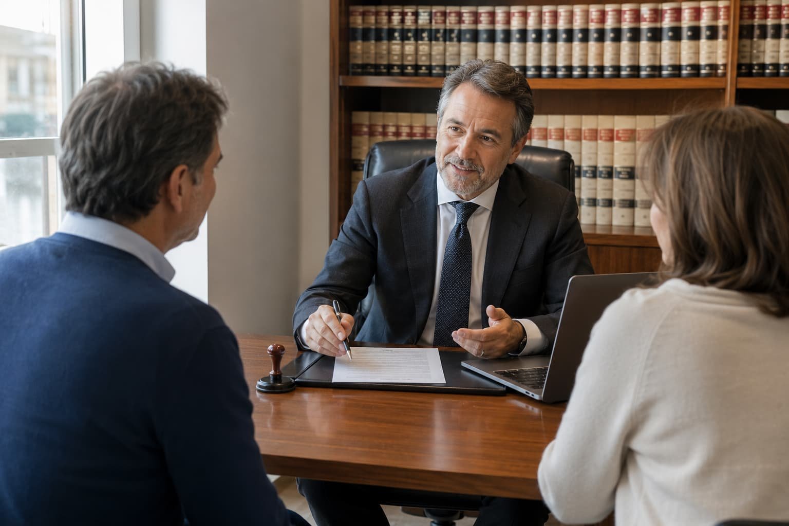 Notario explicando el contenido de un testamento a una pareja antes de su firma.