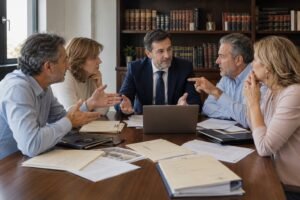 Abogado especializado en herencias mediando entre varios herederos para desbloquear una herencia.