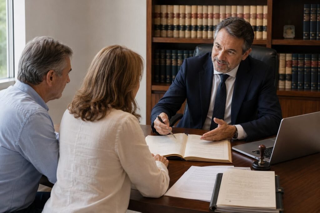 Notario explicando los distintos tipos de testamento a una pareja en un despacho notarial.