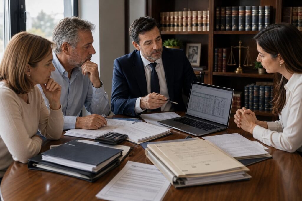 Abogado calculando el Impuesto de Sucesiones junto a una familia con documentación de una herencia sobre la mesa.