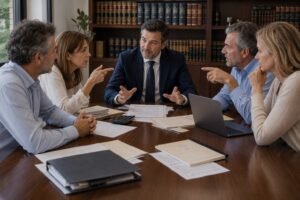 Abogado especializado en herencias reunido con varios hermanos para resolver un conflicto por el reparto de una herencia.