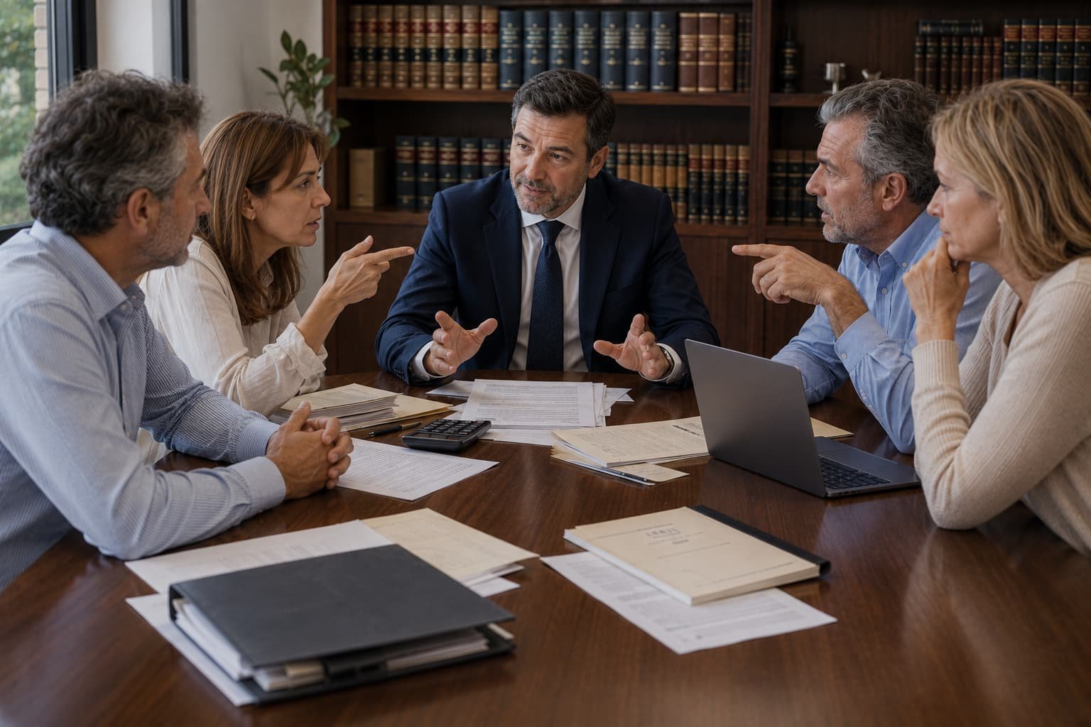 Abogado especializado en herencias reunido con varios hermanos para resolver un conflicto por el reparto de una herencia.
